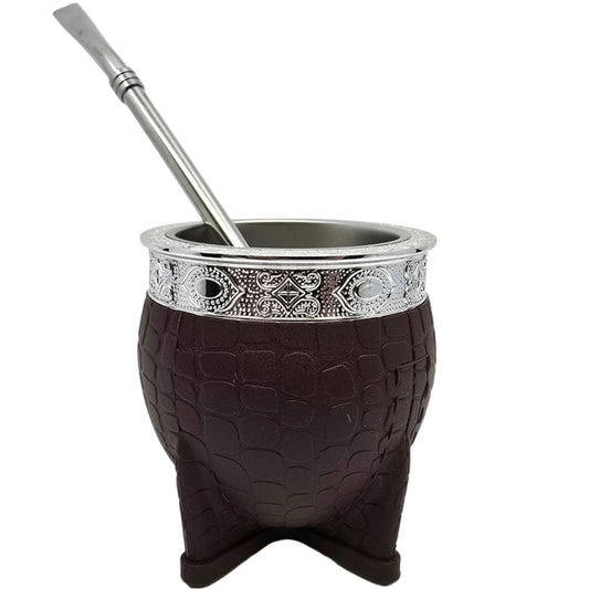 Brown PVC Wrapped Stainless Steel Mate 7 oz (200ml) with Bombilla