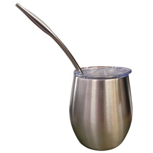 Mate de acero inoxidable de pared doble color plateado de 8 oz (220 ml) con bombilla
