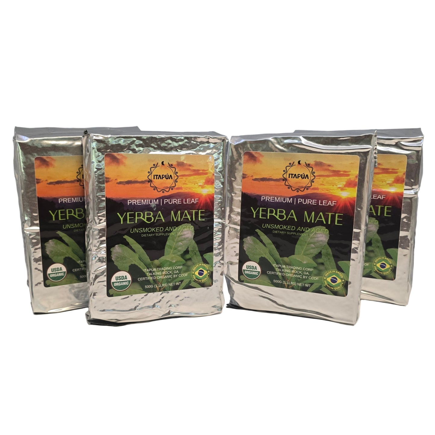 Four packages of Yerba Mate tea on a white background