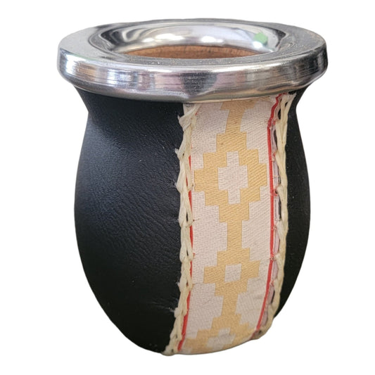 Black Leather Wrapped Wood Mate White Band 8 oz