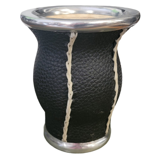 Black Leather Wrapped Calabash Gourd White Accent 8 oz