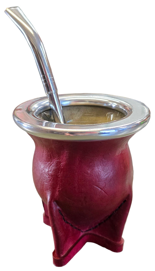 Maroon Leather Glass lined Gourd with Bombilla 4 oz