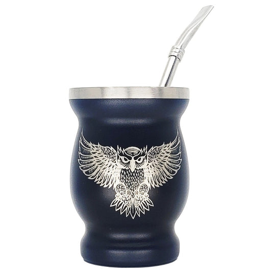 Owl Design Stainless Steel Mate Black 8 oz (240 ml) with Bombilla