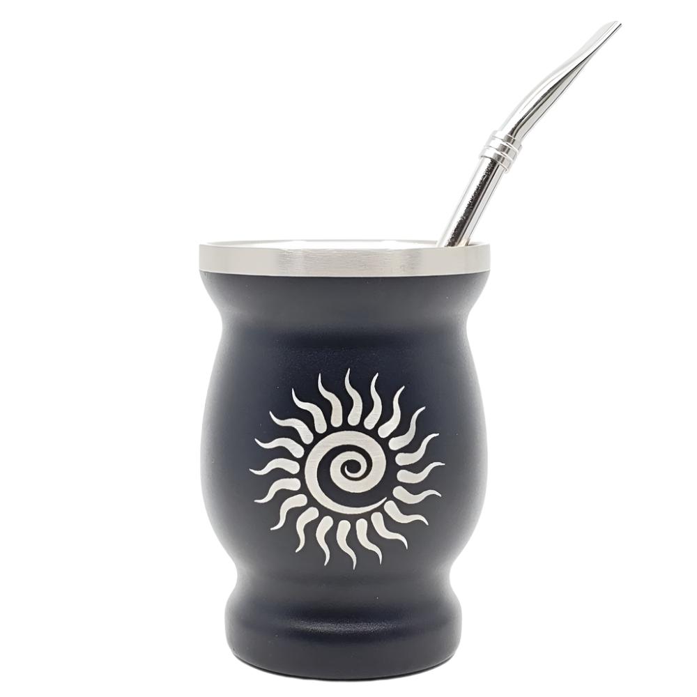 Mate de acero inoxidable negro Sun Design de 8 oz (240 ml) con bombilla