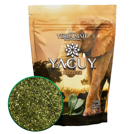 A 500g stand-up pouch of Yacuy Yerba Mate Terere tea, featuring a large brown elephant graphic on a warm golden-brown background, with a circular inset showing the dried green leafy tea blend.