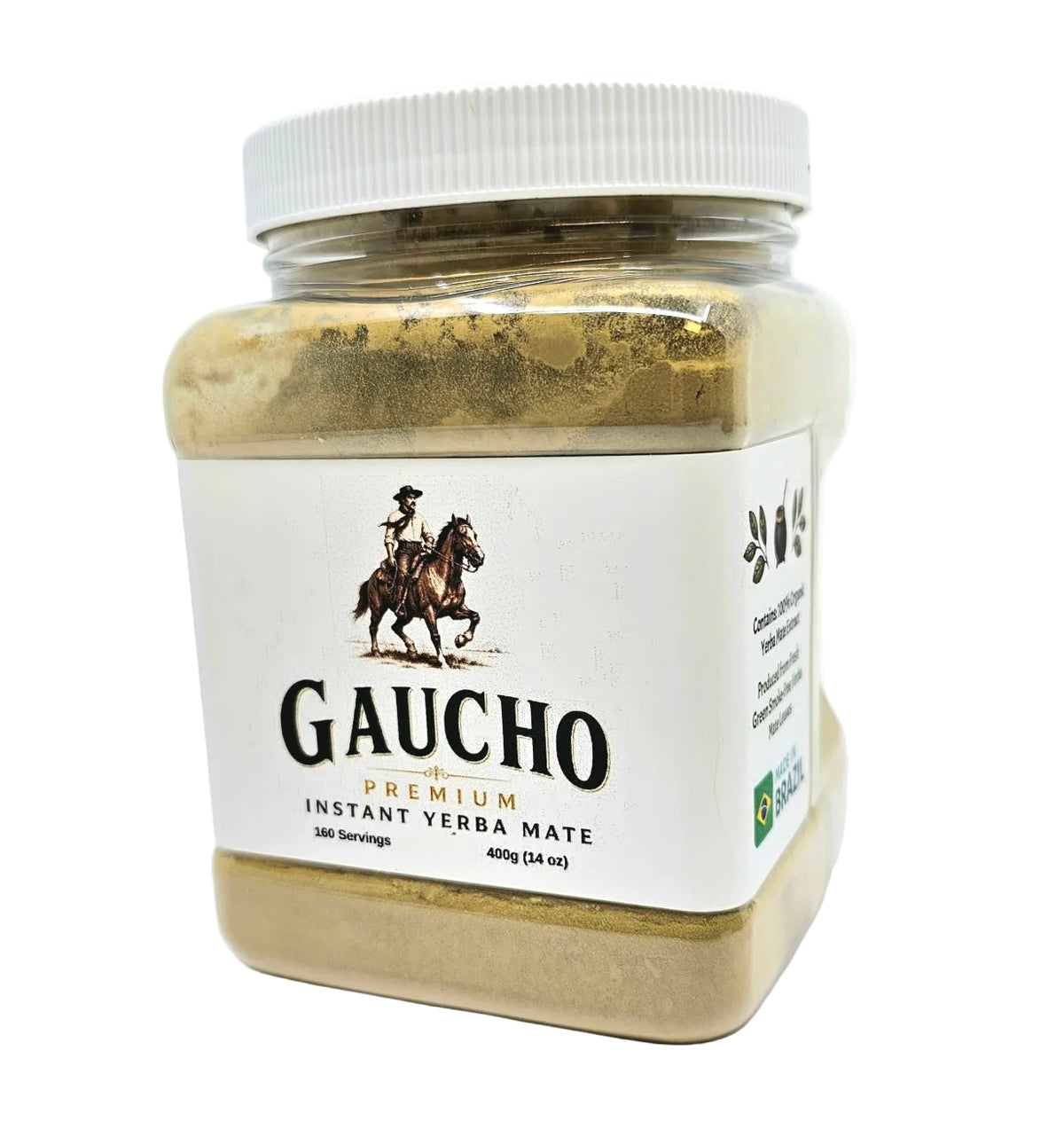 A jar of Gaucho Premium Instant Verba Mate on a clean white background. The clear plastic jar shows the light brown powder inside, topped with a white ribbed lid and a white label featuring the black and brown Gaucho logo.