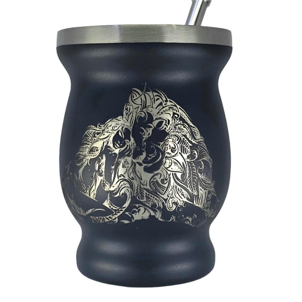 Lion Design Stainless Steel Mate Black 8 oz (240 ml) with Bombilla