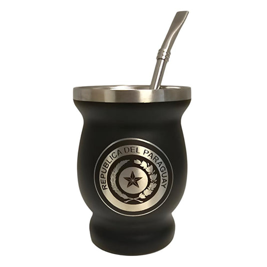 Mate de acero inoxidable negro Republic Del Paraguay de 8 oz (240 ml) con bombilla