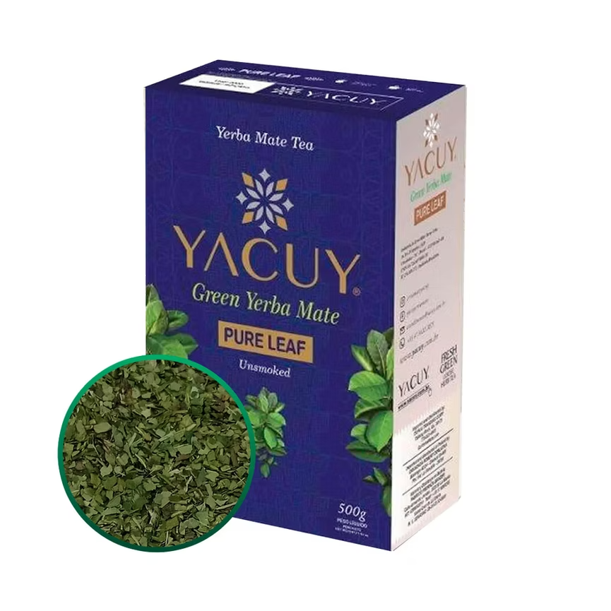 A box of Yacuy Green Yerba Mate Pure Leaf tea, featuring a dark blue-purple box with gold and white lettering, alongside a circular inset showing the loose green tea leaves.